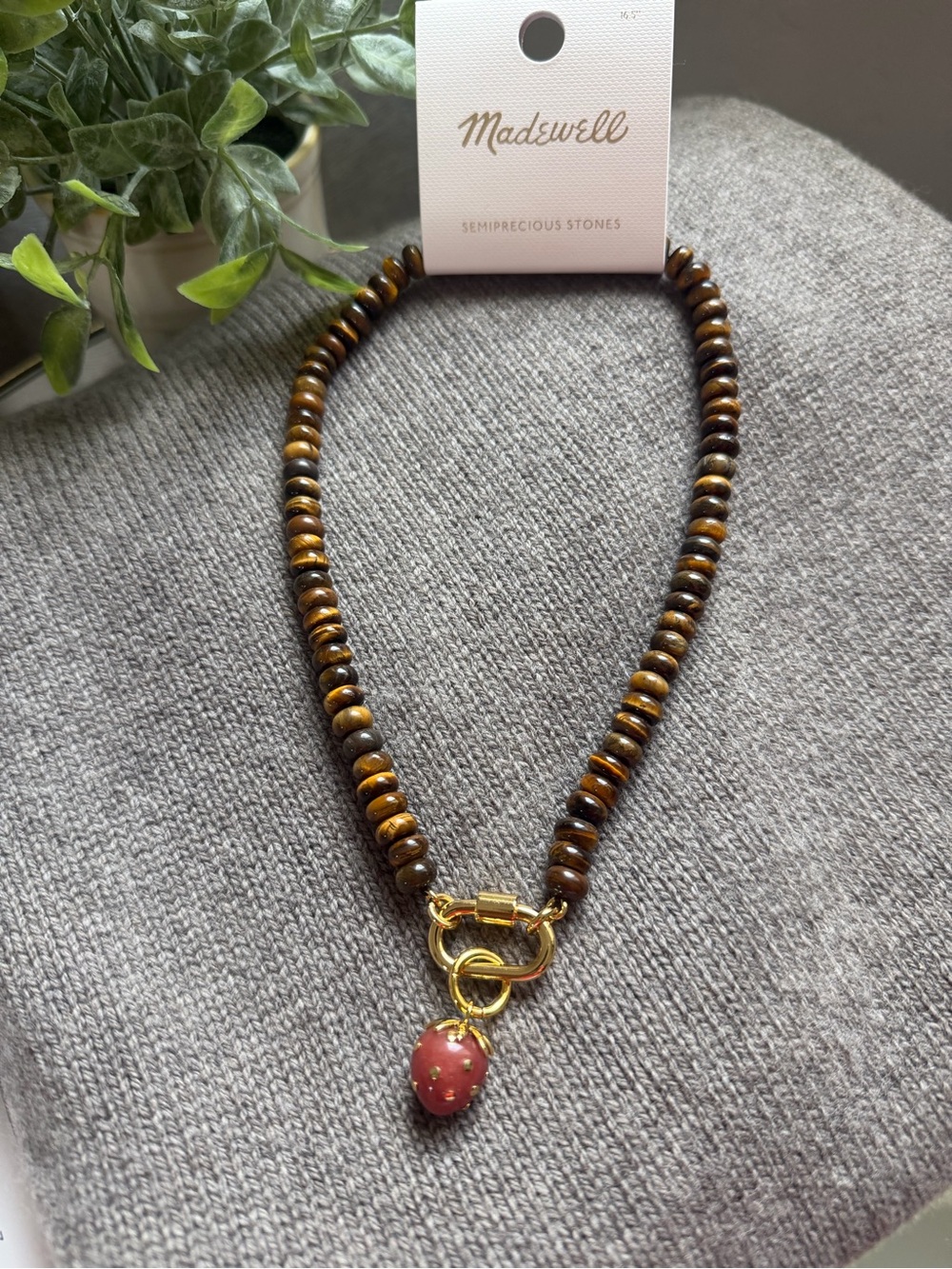 Madewell Tiger’s Eye Semiprecious Stone Necklace Styled with Strawberry Charm